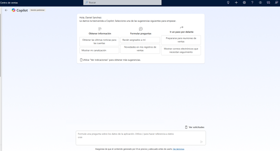 Página de Copilot para Dynamics 365 Sales